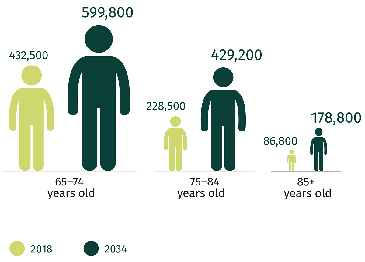 Population growth of the 65+ population. 65-74 years old population; 2018: 432,500, 2034: 599,800. 75-84 years old population; 2018: 228,500, 2034: 429,800. 85+ years old population; 2018: 86,800, 2034: 178,800.